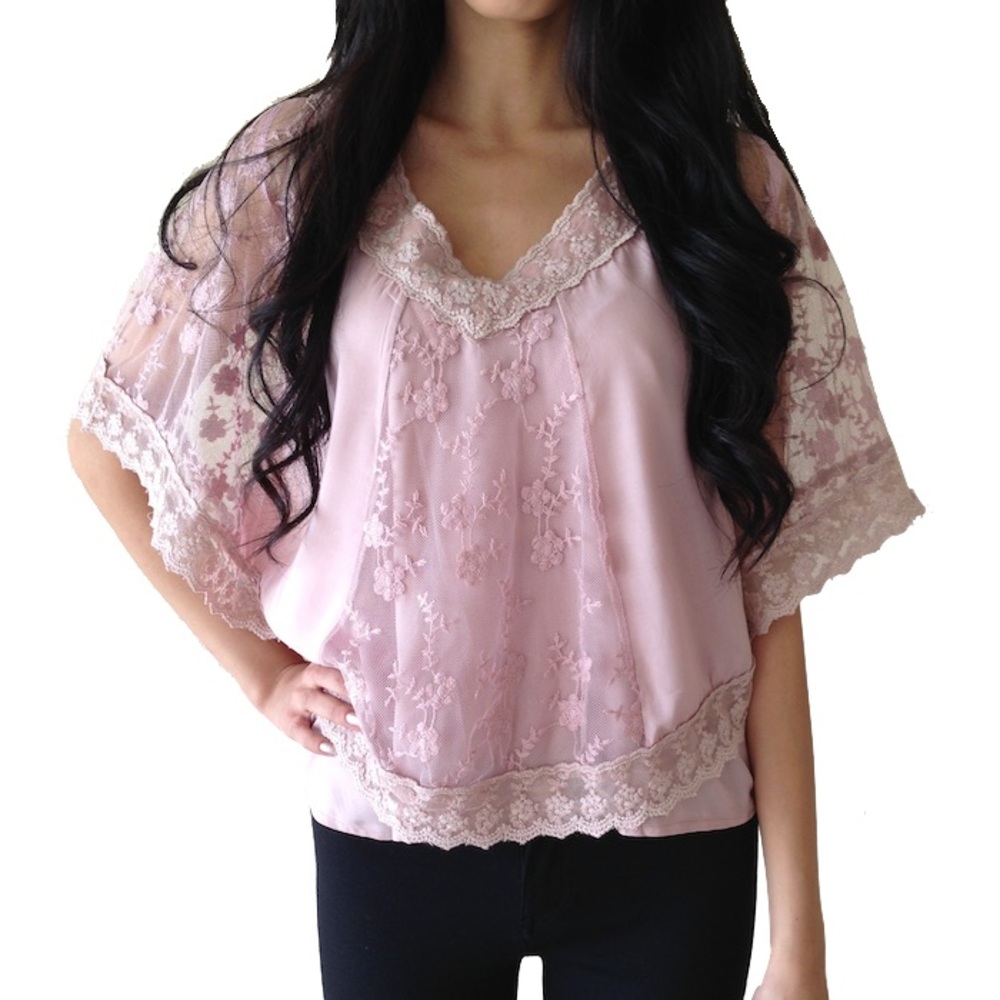 New Floral Lace  Double Layered Pink Top Blouse